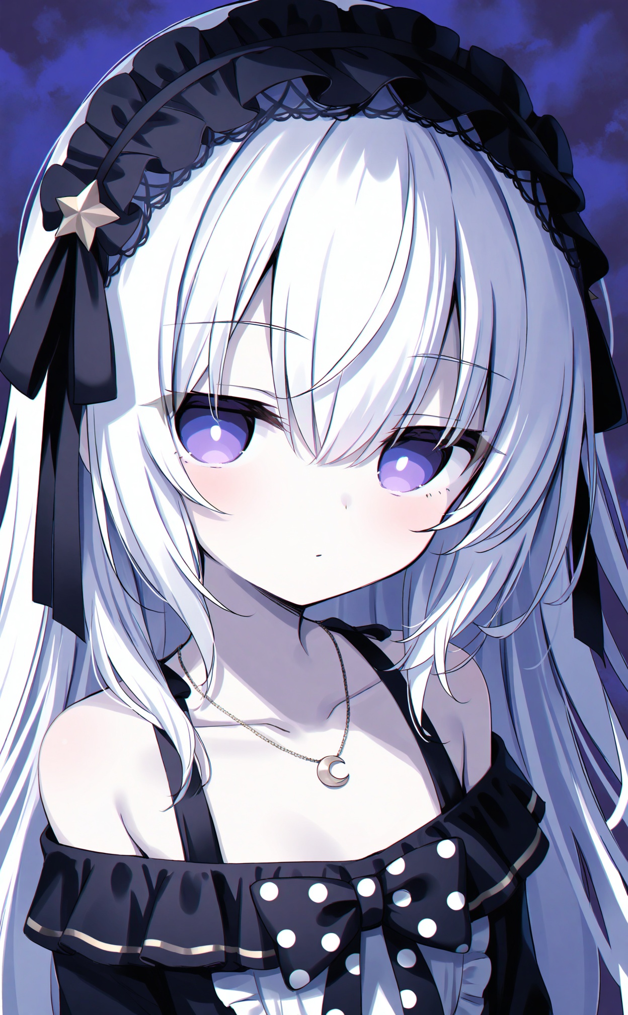 masterpiece,absurdres,best quality,loli,petite,high quality,chromatic_aberration,//,natsume_an-an, 1girl, solo, long_hair, purple_eyes, necklace, jewelry, dress, white_hair, upper_body, empty_eyes, hairband, looking_at_viewer, ribbon, star_\(symbol\), no_pupils, polka_dot, bare_shoulders, lolita_hairband, off_shoulder, frills, black_ribbon, closed_mouth, expressionless, frilled_hairband, dot_mouth, hair_between_eyes, black_dress, off-shoulder_dress//,//,<lora:natsume_an-an——【noob】hans:0.5>,<lora:guizhencao2——【noob】hans:0.5>,