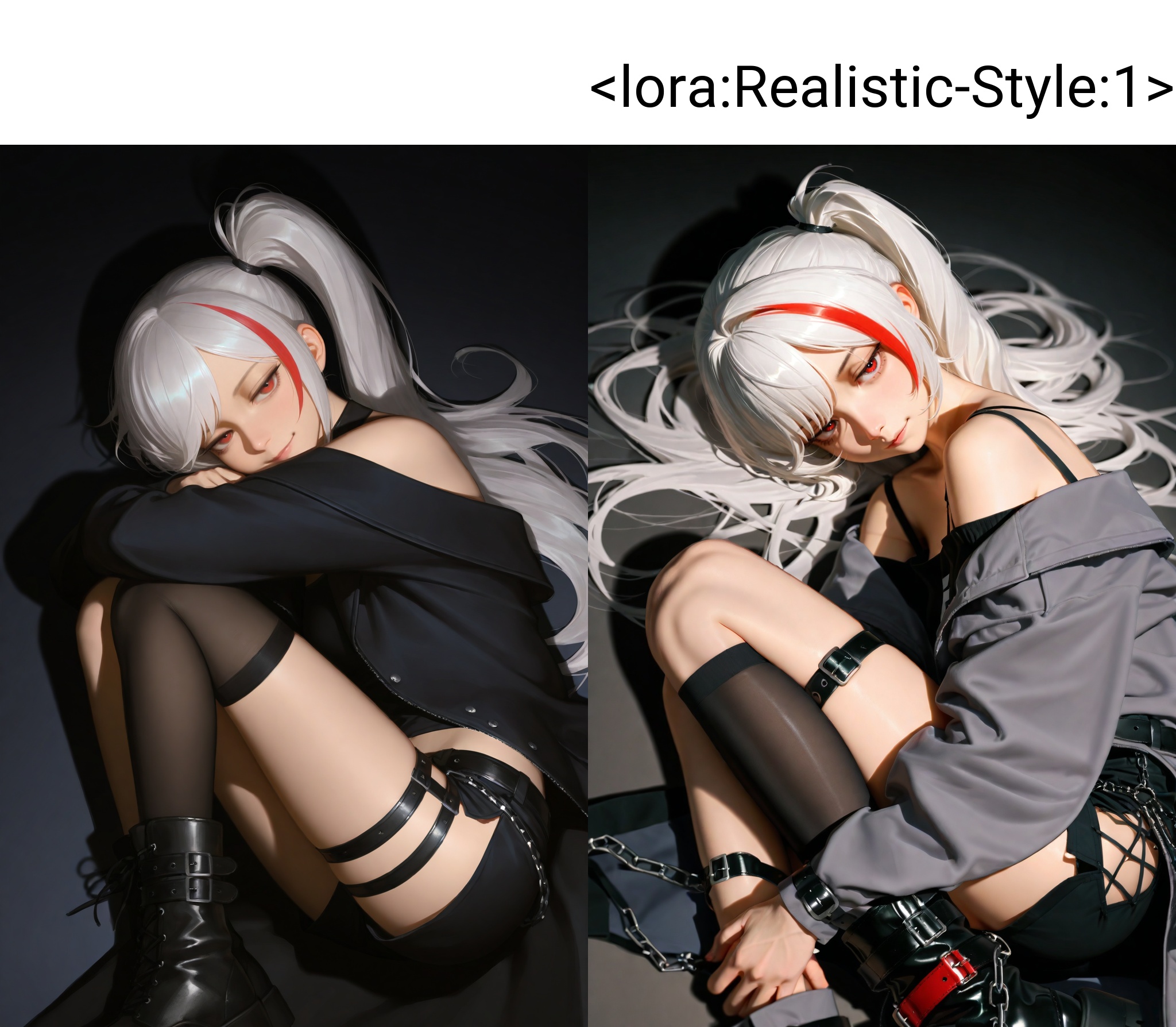 highres,absurdres,Visual impact,masterpiece,best quality,very aesthetic,amazing quality,newest,(realistic:1.3),(reality:1.3),(chiaroscuro:1.3),volumetric lighting,cinematic lighting,Natural Light,Mood Lighting,ray tracing,\,upper body, 1girl,solo, red eyes,white hair,long hair,(swept bangs),red streaked hair,side ponytail, open jacket,off-shoulder shirt,bare shoulder,long sleeves,shorts,chain,side slit,boots,buckle,single thighhigh,black thighigh, upper body,looking at viewer,(jitome:1.2),tsurime,light smile,smirk,(lying:1.3),on side,hugging own legs, simple background,drop shadow,