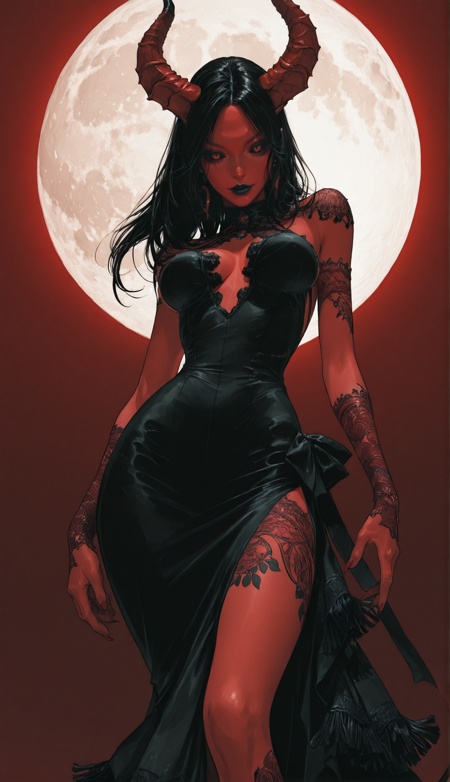 demon woman with red skin, low angle shot, black lips, tattoos, black sclera, red hands, horns, black hair, low key lighting, long elegant intricate dress, (elegant:1.2), skin ridges, moon, fringe, high contrast, rim lighting, (skin patterns:1.2), (medium breast),