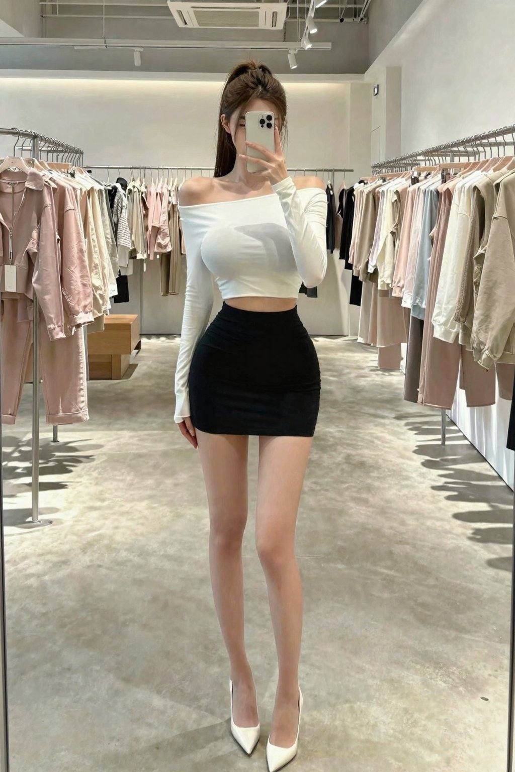 <lora:20260226_TinZITLBSWSliderLora_000000090:4>, This is a high-resolution photograph of a young Asian woman taking a mirror selfie in a modern, brightly lit clothing store. The woman has fair skin and long, straight brown hair tied back in a high ponytail. She is wearing a tight, off-the-shoulder, long-sleeve white crop top that accentuates her small to large breasts. Her outfit includes high-waisted, black short skirt that fit snugly and reveal her toned legs. She is also wearing sheer, adding a touch of sensuality to her look. Her footwear consists of shiny, white high heels that add height to her already tall stature. The store's interior is minimalist and modern, featuring a polished concrete floor, white walls, and exposed ductwork on the ceiling. The background showcases neatly arranged clothing racks filled with a variety of garments, predominantly in pastel shades of pink, beige, and light blue, contributing to the overall calm and stylish ambiance of the space. The photograph is professionally styled, with a focus on the woman's fashion-forward attire and the clean, contemporary setting.
