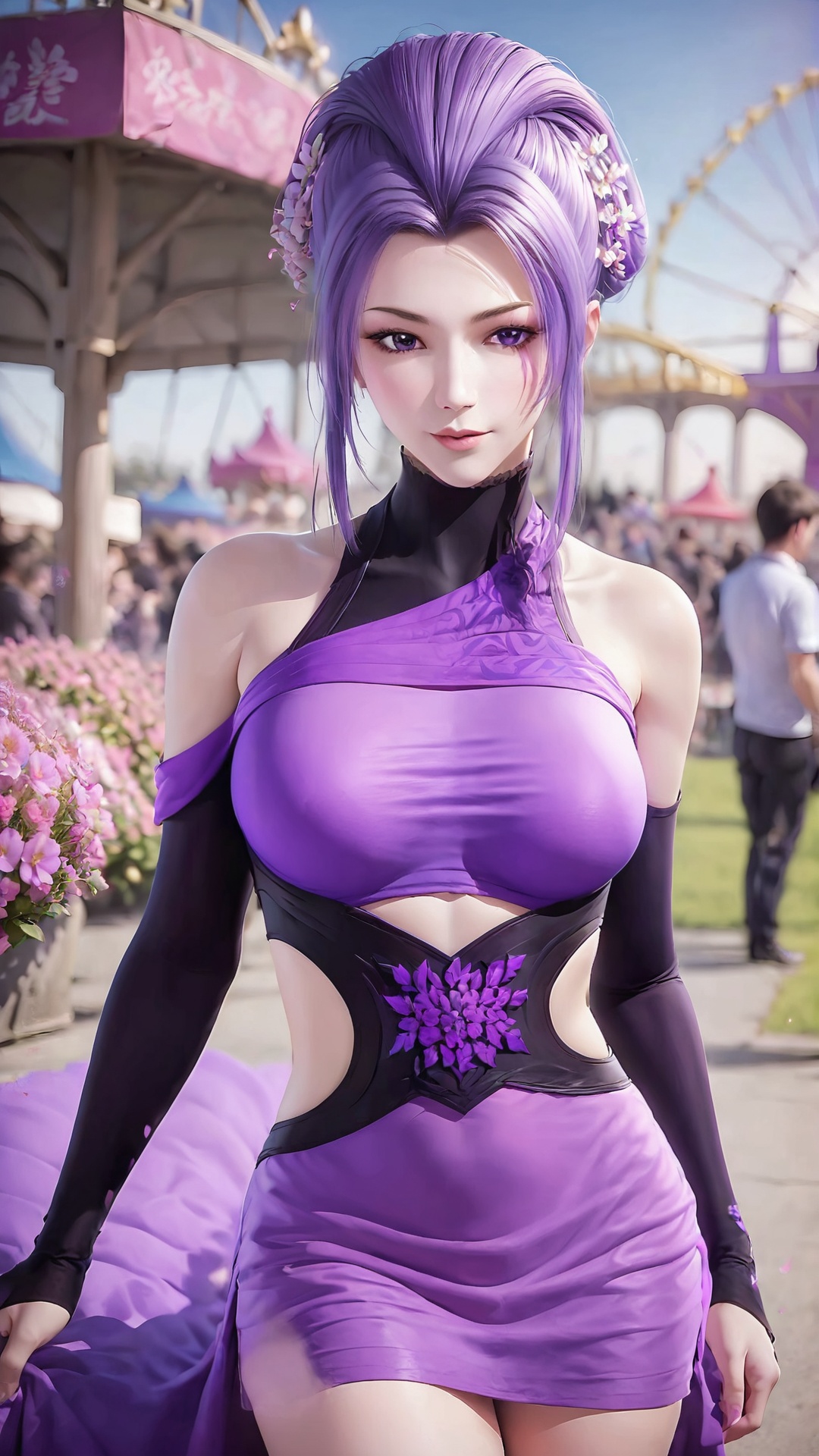 The image is a digital illustration of a young woman with long purple hair styled in a high ponytail. She is standing in front of a carnival ride with pink flowers and a ferris wheel in the background. The woman is wearing a purple dress with a cut-out design on the front and long sleeves. She has a serious expression on her face and is looking directly at the camera. The overall mood of the image is playful and whimsical.<lora:pony紫女:0.8>,