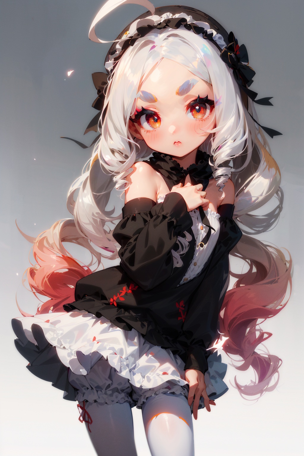 ((super delicate)),((cute,chibi)),flat chest,1 girl, white hair,absurdly long hair,ahoge,drill hair,lolita hairband,red eyes,gradient eyes,beautiful detailed eyes, black hoodie,bare shoulders,white bloomers,white pantyhose, (white eyebrows:1.1),(oval eyebrows:1.5),((white colored eyelashes))