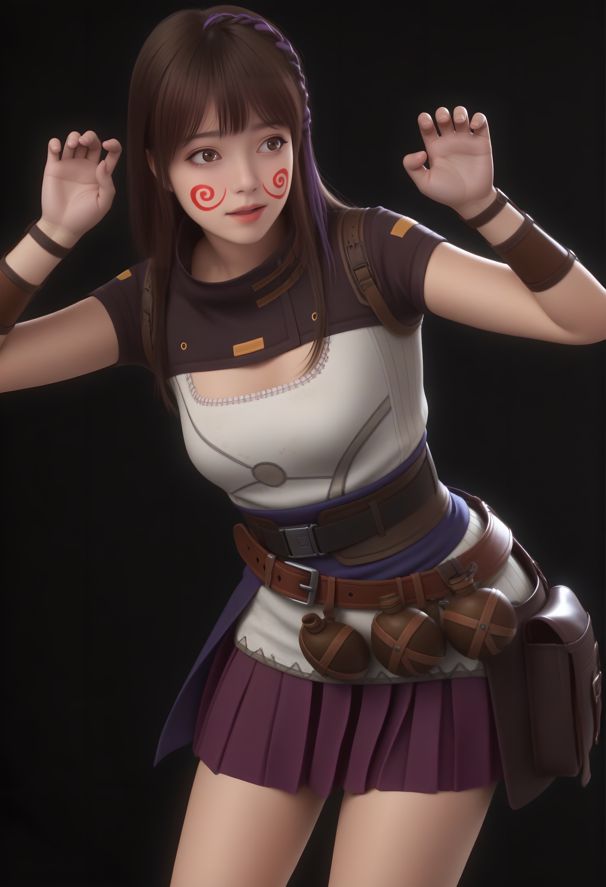 <lora:夏豆-ill:0.85>,1girl,solo,long hair,braid,red facepaint,purple braid highlight,dark brown hair,brown eyes,white top,short sleeve top,high collar,utility belt,pleated skirt,purple skirt,layered outfit,bracer,pouch,thighs,paw_pose,claw_pose,BREAKwhite skin,(white_skin:1.1),((light_skin)),simple background,black background,<lora:Skin color slider - Illustrious_alpha1.0_rank4_noxattn_last:-0.5>,
