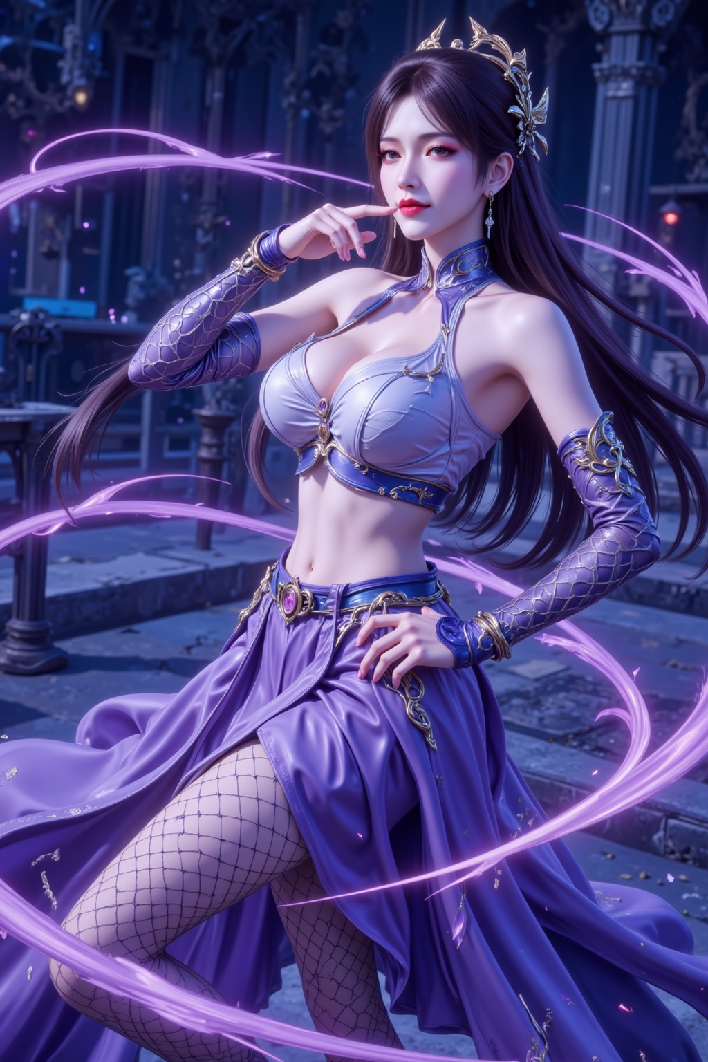 <lora:绚丽多彩·优化9:0.8>,lvjing,from side,dancing,from above,pov,finger to mouth,arm under breasts,dutch angle,perspective,large breasts,inoyamanakathelast,1girl,solo,looking at viewer,earrings,lipstick,crop top,elbow warmers,midriff,purple skirt,long skirt,fishnet pantyhose,half closed eyes,smile,