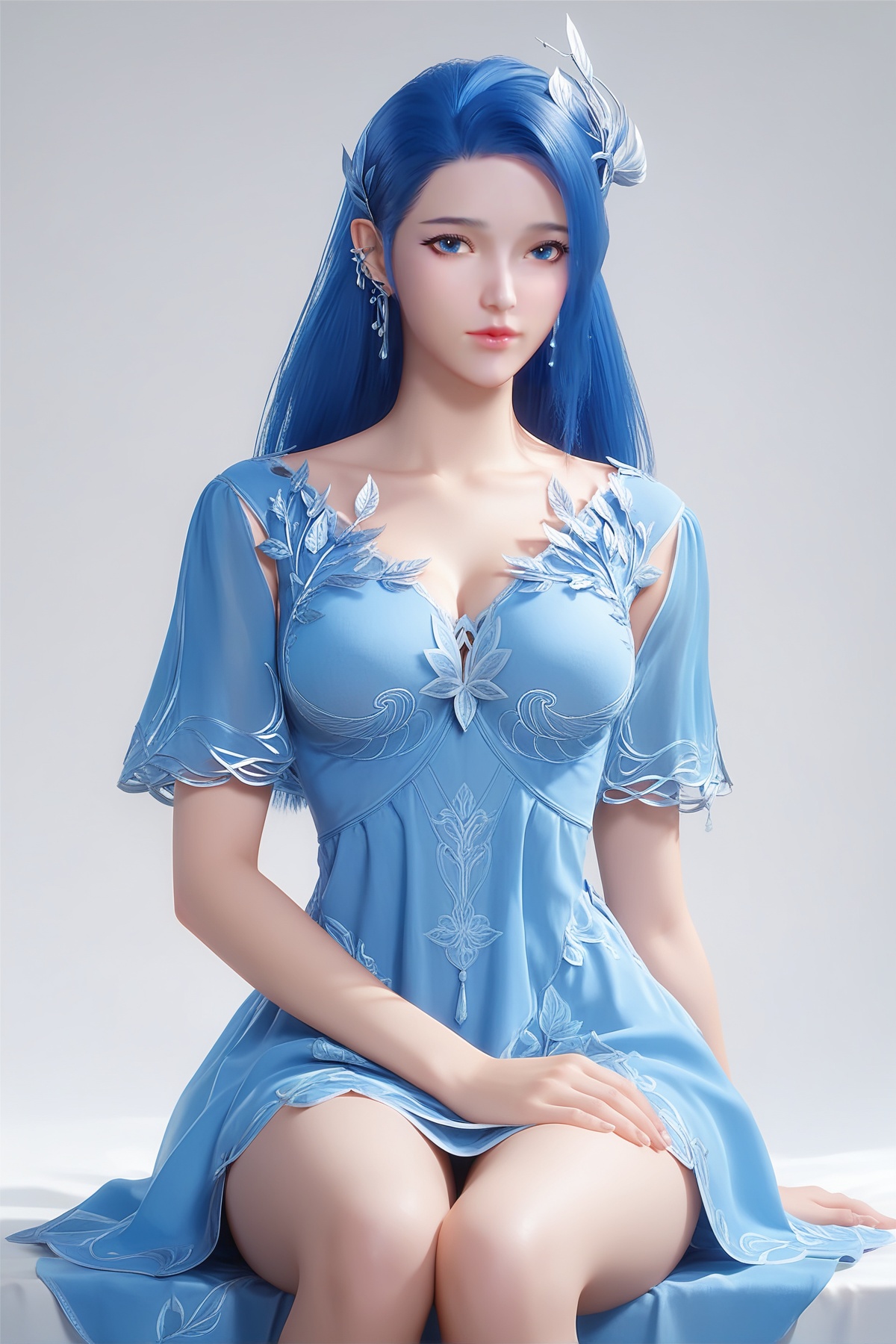 score_9,score_8_up,score_7_up,<lora:wy_ayin_XL7.0:0.8>,1girl,long hair,breast,medium breast,earrings,hair_ornament,dress,blue hair,blue eyes,blue_dress,thick_thighs,sitting,simple background,white_background,