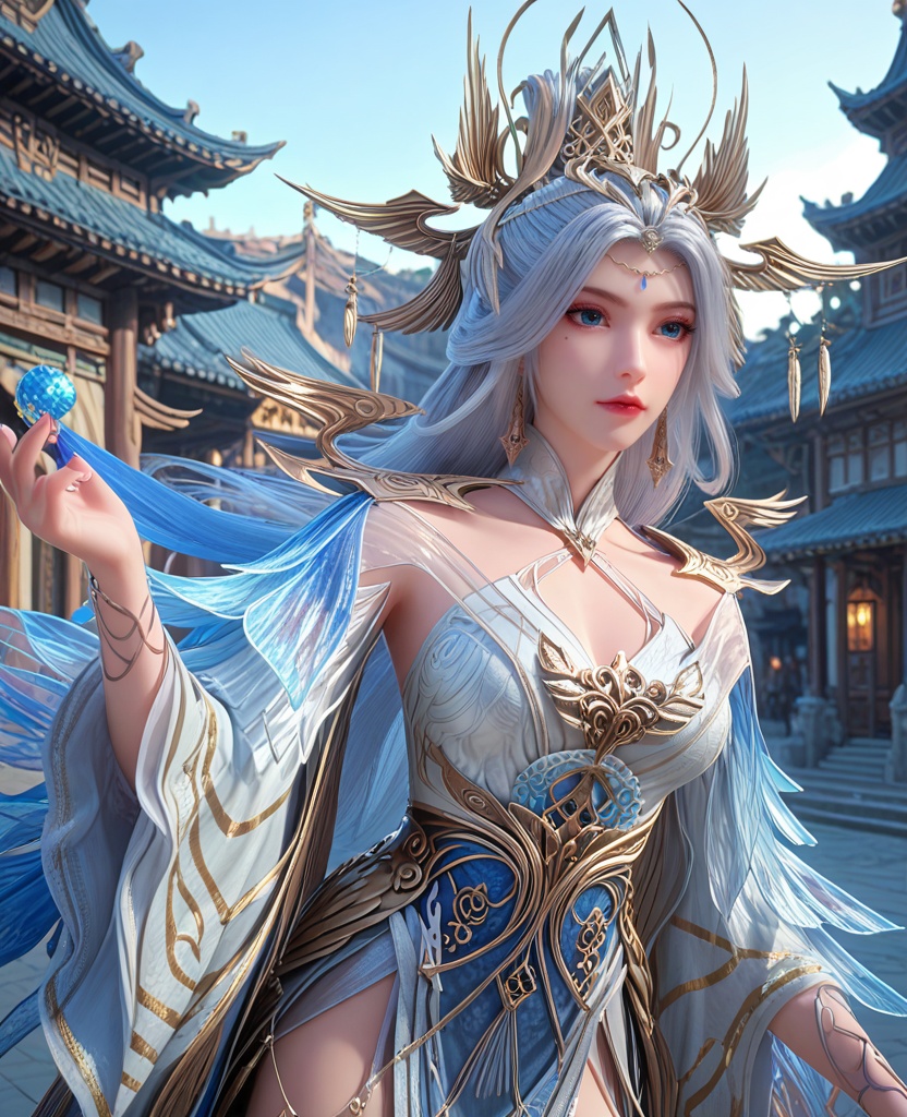 (oriental architecture, elegant decor, sophisticated style:1.1),(Bending down to tie shoelaces, showing a moment of simplicity,:1.1),(breasts:1.2),<lora:XL百炼成神宁雨蝶spur:0.9>,miss ningyudie,silver paired with blue dress,sash,blue shawl sleeves,side slit,mole under right eye,forehead pendan,eyelashes,blue eyes,white hair,long hair,headdress,wide sleeves,hair bun,slender legs,jewelry,earrings,, zPDXL2, score_9, score_8_up, score_7_up BREAK realistic, masterpiece,best quality, highly detailed,, zPDXL3, zPDXL2,zPDXL, zPDXLxxx, zPDXLrl,