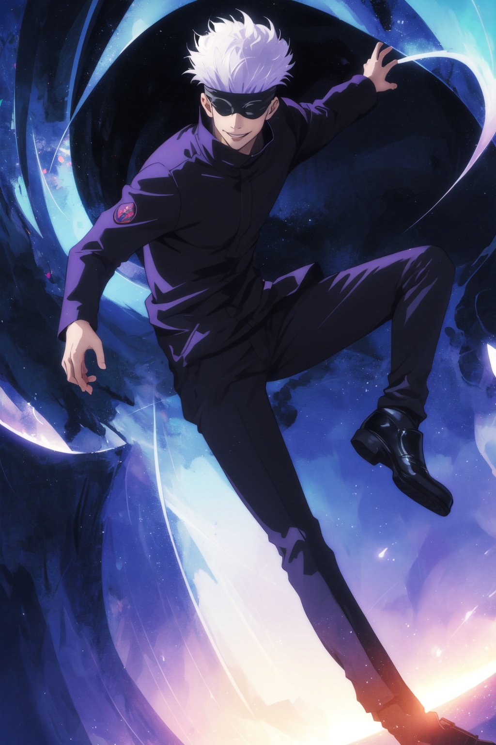 <lora:Satoru-000015:0.9>,Satoru CYQL,1boy,looking at viewer,solo,male focus,white hair,short hair,spiked hair,covered eyes,black blindfold,blindfold,jacket,black jacket,pants,black pants,long sleeves,smile,black footwear,high collar,shoes,portrait,from_below,In the night sky, dazzling auroras dance like ribbons of color, weaving green, purple, and blue into a dreamlike display,beautiful detailed sky,beautiful detailed glow,posing in front of a colorful and dynamic background,masterpiece,best quality,beautiful and aesthetic,wallpaper,