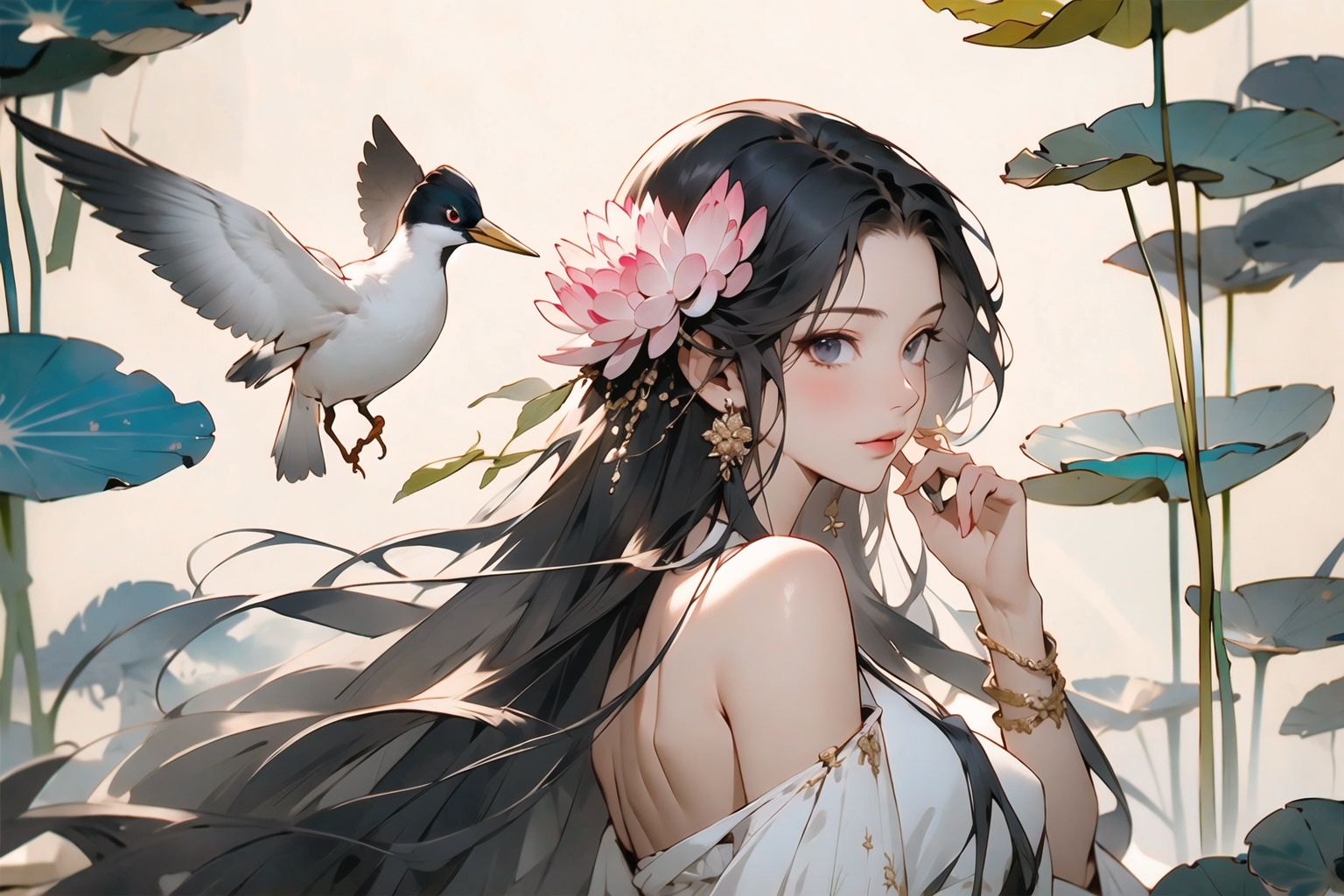 masterpiece,(masterpiece, top quality, best quality),1girl, long hair, bird, flower, black hair, lotus, solo, hair ornament, dress, bare shoulders, very long hair, upper body