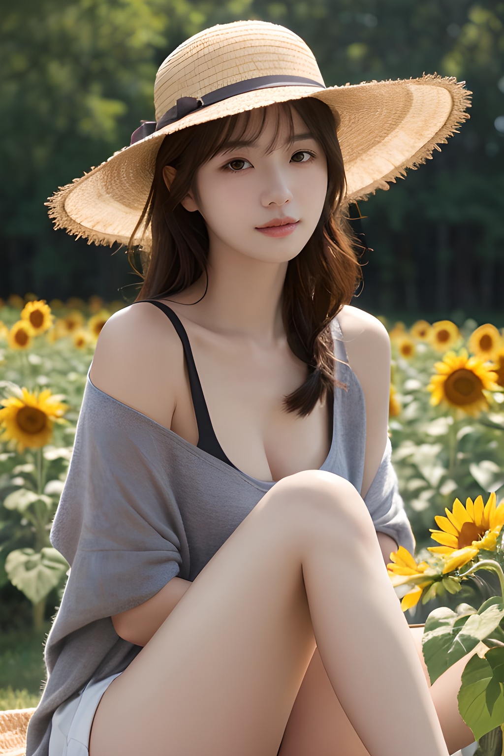 <lora:0809_01:0.7>,a girl with a sun hat, sitting in a field of sunflowers, bathed in the golden glow of sunset, warm hues, peaceful ambiance, natural beauty.korean girl,black hair,, 1girl,realistic,masterpiece, best quality, photorealistic, HDR,detail
