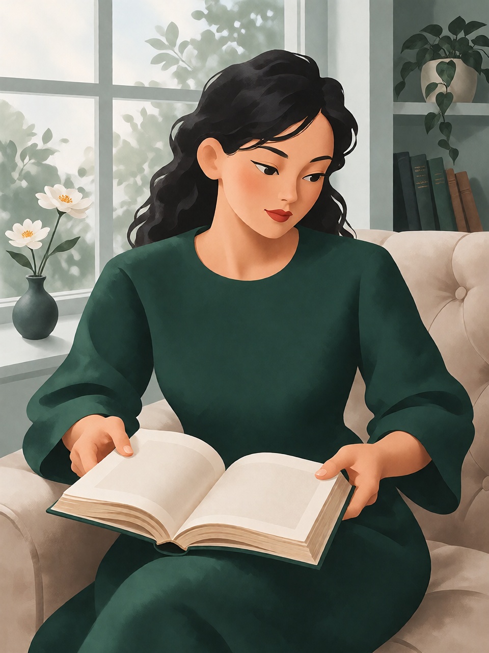 A young woman reading a book by a window,  soft sculpted illustration,  calm interior on Tensor.Art