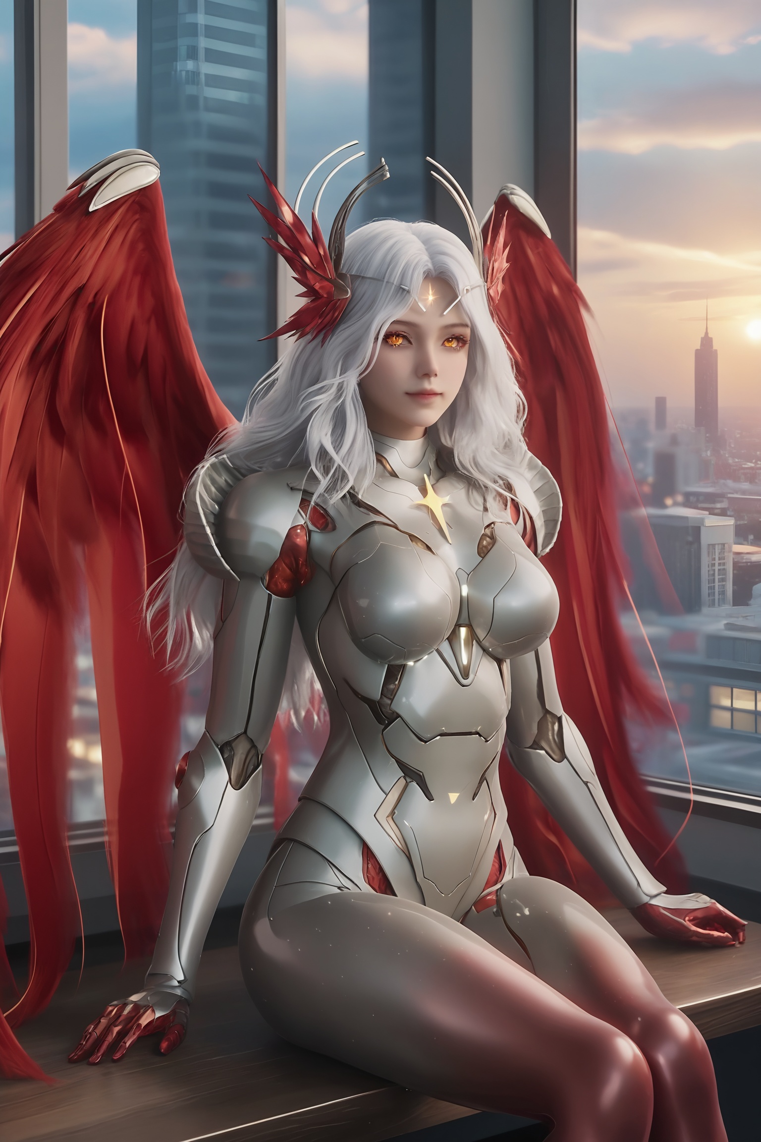 1girl,solo,sitting,window,frills,sky,cloud,indoors,cityscape,closed_mouth,sun,looking at viewer,<lora:吞噬星空-星幻王Pony:0.7>,1girl,long,flowing white hair,sleek,form-fitting suit made of shiny,metallic armor,high collar,(silver and red gradient legs:1),striking red wings,