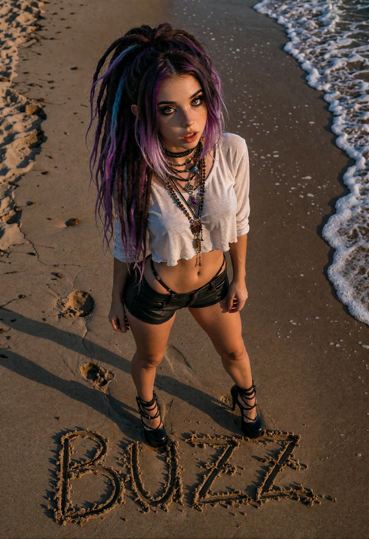 Photorealistic photograph of a woman standing on beach sand,  view from above;Rlytaryn,  huge watery green eyes on Tensor.Art