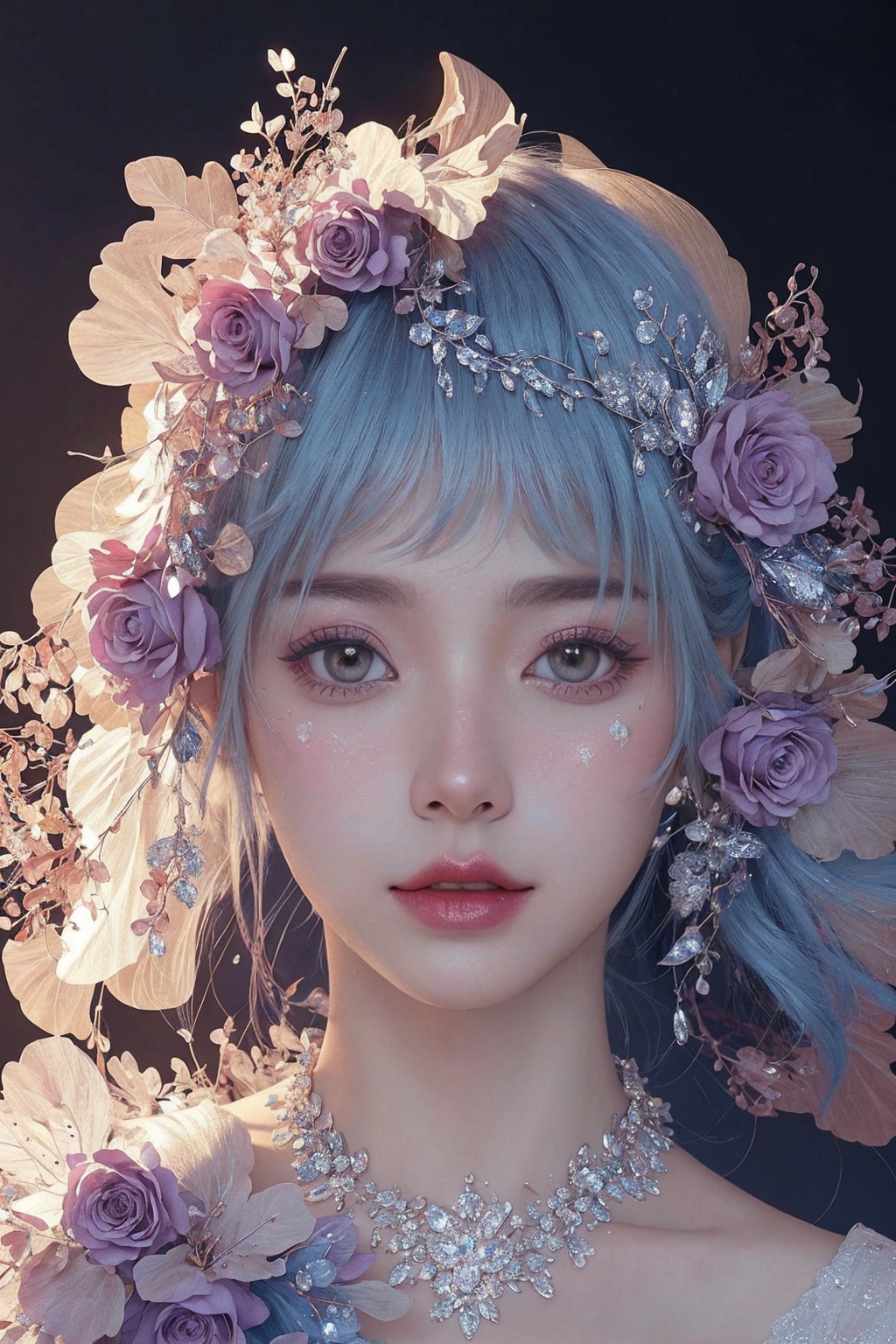 <lora:Fashion_Girl:0.66>purple  theme,  snowflakes,  looking at viewer,  portrait,  colorful hair,  jewelry,  close up,  ultra high res,  deep shadow, (best quality,  masterpiece),  dimly lit,  shade, highly detailed,  bold makeup,  flower,  simple background,  depth of field,  film grain,  fashion_girl,  accessories, High detailed, (masterpiece,high quality,best quality),(colorful),(delicate eyes and face),volumatic light,ray tracing,extremely detailed CG unity 8k wallpaper,solo, indoors, palace, lights, window, decorations,(ahoge:1.3),best quality,official art,(((light from the sky))),floating hair,light shines on hair,whultra-detailed,(((extremely detailed cg 8k wallpaper))),(crystalstexture skin:1.4),(extremely delicate and beautiful),(white skin),looking_at_viewer,kinghere fensejiaren,,realistic,