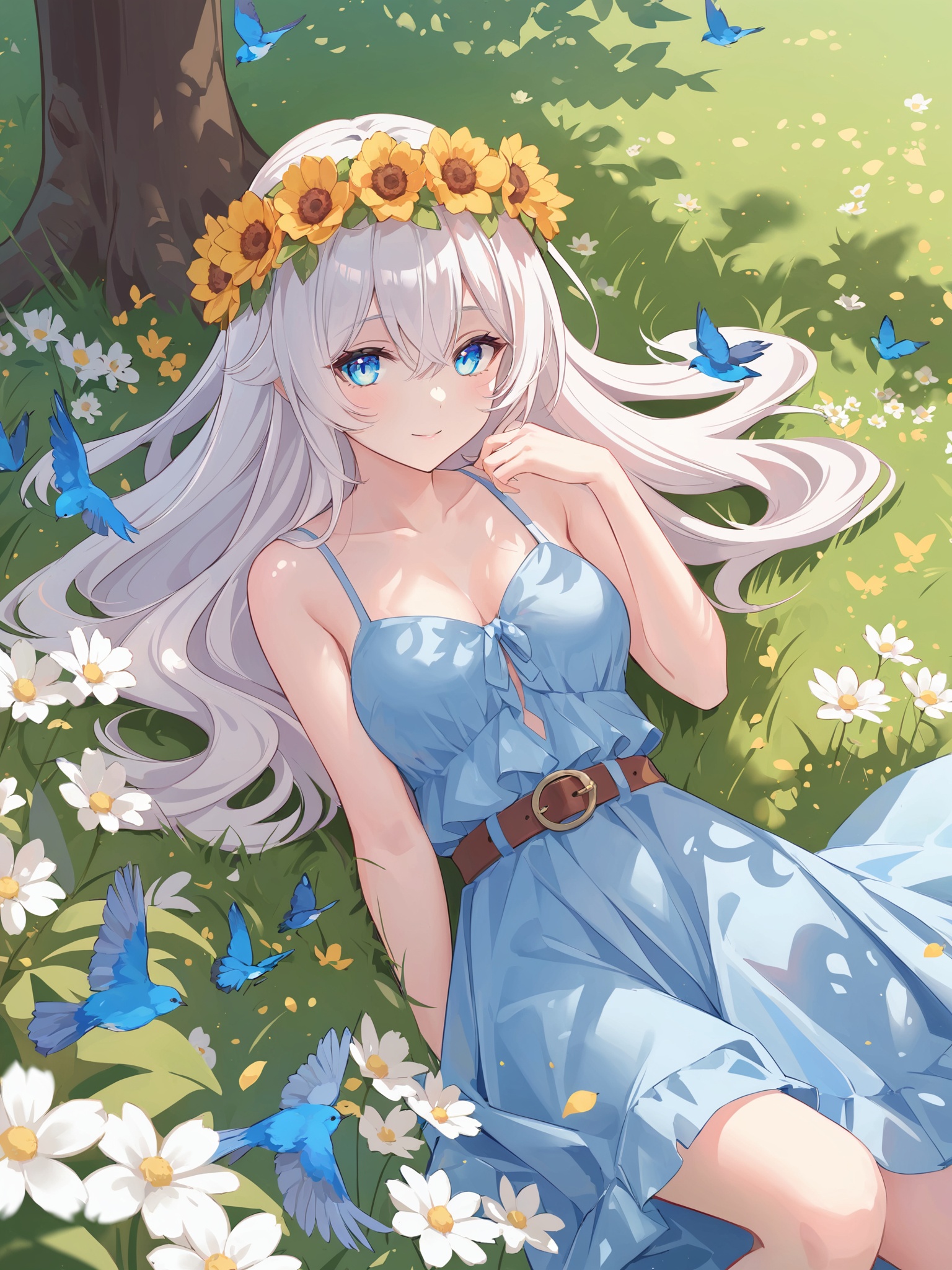 1girl,solo,blue eyes,white hair,(long hair),hair between eyes,medium breasts,sundress,belt,wearing a flower crown,smiling at viewer,close-up,bird's-eye view,(lying on side),curled up,in a garden,blooming flowers,butterflies,dappled sunlight,soft grass,scattered petals,trees,flowers,gentle breeze,vibrant colors,masterpiece,bestquality,