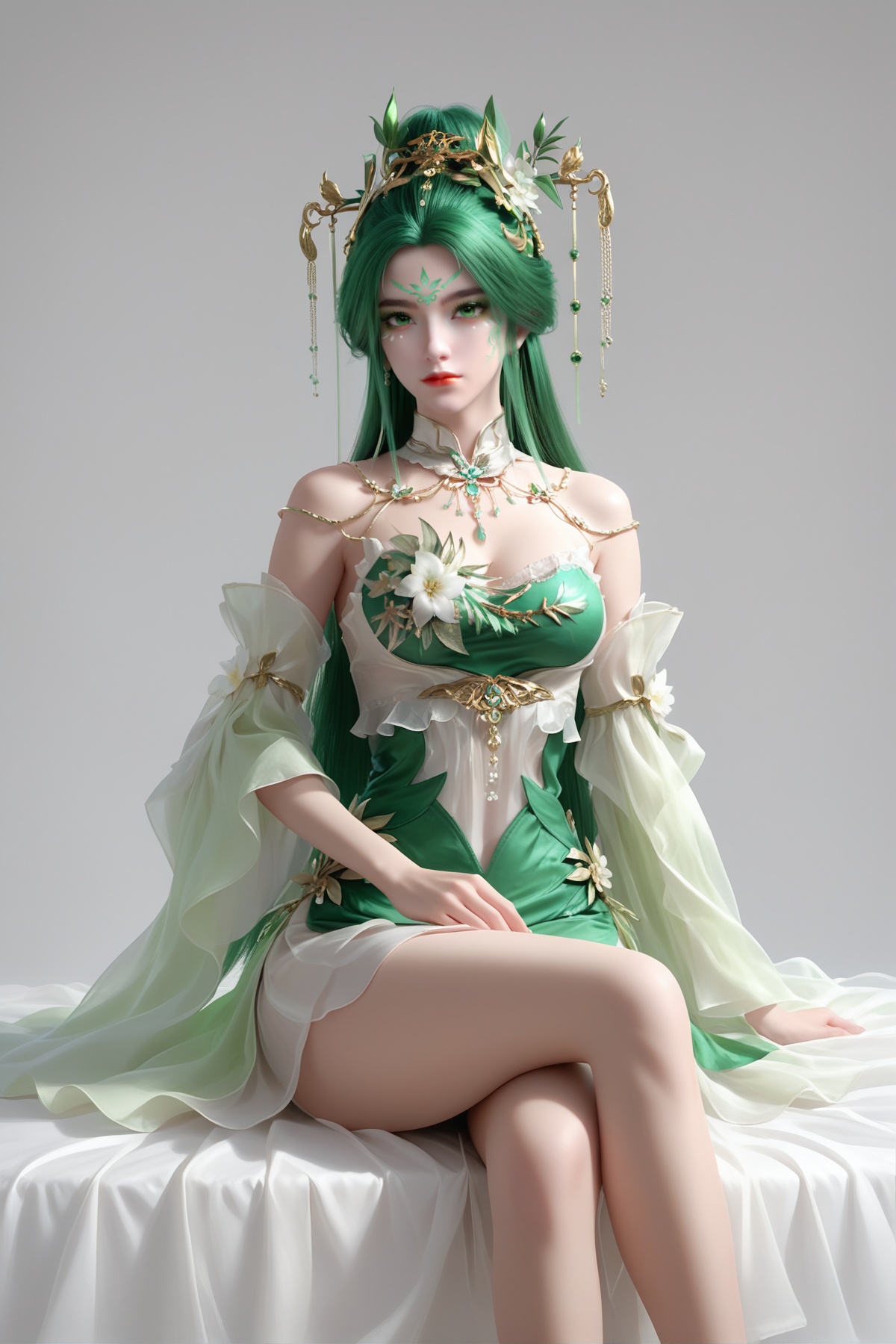 score_9,score_8_up,score_7_up,<lora:wy_lvhong_XL7.0:0.8>,green hair,green eyes,forehead mark,facial mark,1girl,long hair,breast,medium breast,hair_ornament,dress,thick_thighs,sitting,simple background,white_background,bed,