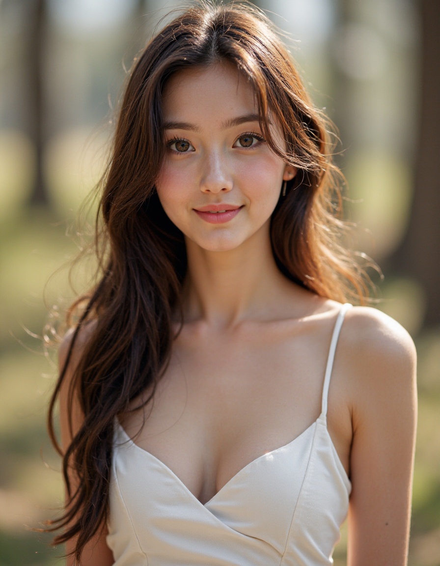 HDR photo, High dynamic range, vivid, rich details, clear shadows and highlights, realistic, intense, enhanced contrast, highly detailed, outdoors, 1girl, solo, realistic, brown hair, looking at viewer, dress, long hair, smile, white dress, brown eyes, photorealistic, blurry background, upper body, lips, blurry, sleeveless, breasts