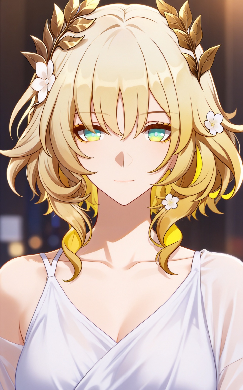 depth of field,masterpiece,best quality,very aesthetic,alternate costume,alternate costume,2024,2023,perfect composition,ultra-detailed,extreme aesthetic,masterpiece,best quality,good quality,newest,year 2024,year 2023,very aesthetic,absurdres,looking_at_viewer,colorful,upper_body,<lora:阿格莱雅·衣服百搭款ILL:0.8>,aglaeal \(honkai: star rail\),blonde hair,short hair,green eyes,hair_ornament,laurel crown,hair flower,