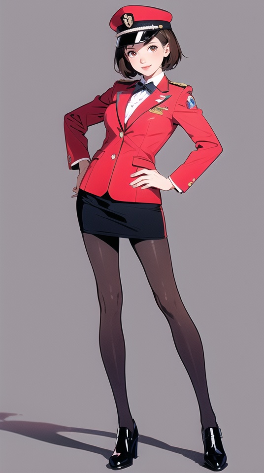 (best quality), ((masterpiece)), (highres), illustration, original, extremely detailed,ooo, 1girl, solo, pantyhose, skirt, short hair, hat, white background, jacket, full body, simple background, uniform, brown eyes, hands on hips, looking at viewer, long sleeves, smile, shoes, black pantyhose, standing, black footwear, shirt, pencil skirt, striped shirt, red jacket, black skirt, brown hair, miniskirt