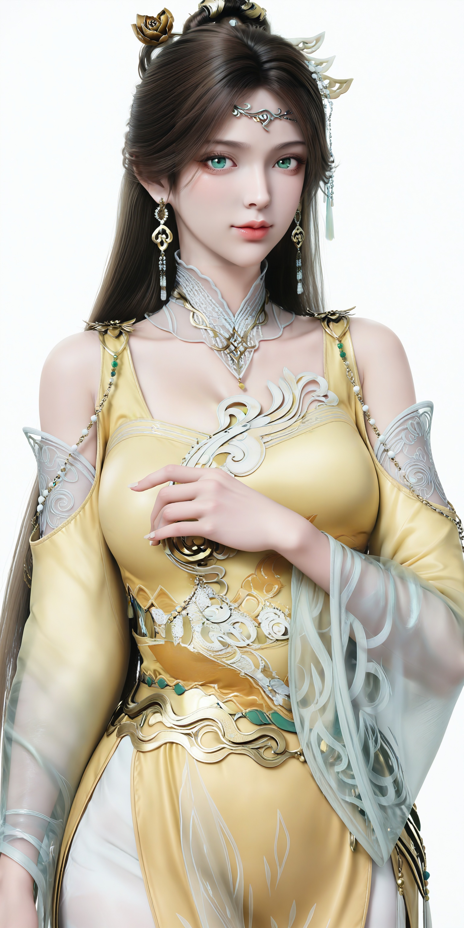 <lora:Janus-金瓶儿-诛仙3-让AI更性感ILV2:0.8>,<lora:illustriousXLv01_stabilizer_v1.185c光辉细节增加:0.4>,Janus,1girl,solo,long hair,brown hair,yellow dress,hair ornament,green eyes,jewelry,earrings,bare shoulders,forehead mark,white_background,simple background,front view,looking_at_viewer,, realistic, masterpiece, best quality, absurdres, highres, amazing quality, very aesthetic, newest, absurdres, highres, highly detailed, very aesthetic,