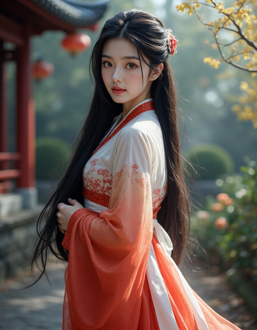 A beautiful girl, featuring long black straight hair that flows down her back. Her brown eyes glow with an alluring and mysterious charm. She wears a WeiJin_JiaoLing_RuQun with intricate embroidery, which drapes elegantly around her figure. simple white top with red edge, gradient red sleeves, patterned red and orange skirt, white sash. The fabric is thin and transparent. Her feet are faintly visible at the bottom, adding to her graceful and ethereal presence. She is in a Chinese garden. The scene has a soft, enchanting atmosphere with subtle mystical lighting, enhancing her otherworldly allure.