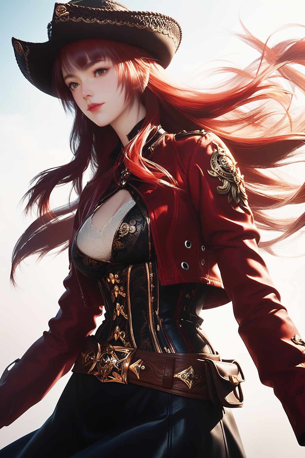 <lora:wy_menghongchen_XL1.0:0.7>,1girl,solo,long hair,breasts,hat,red hair,medium breasts,skirt,black skirt,belt,long sleeves,brown eyes,red jacket,, score_9,score_8_up,score_7_up,score_6_up,score_5_up,score_4_up,