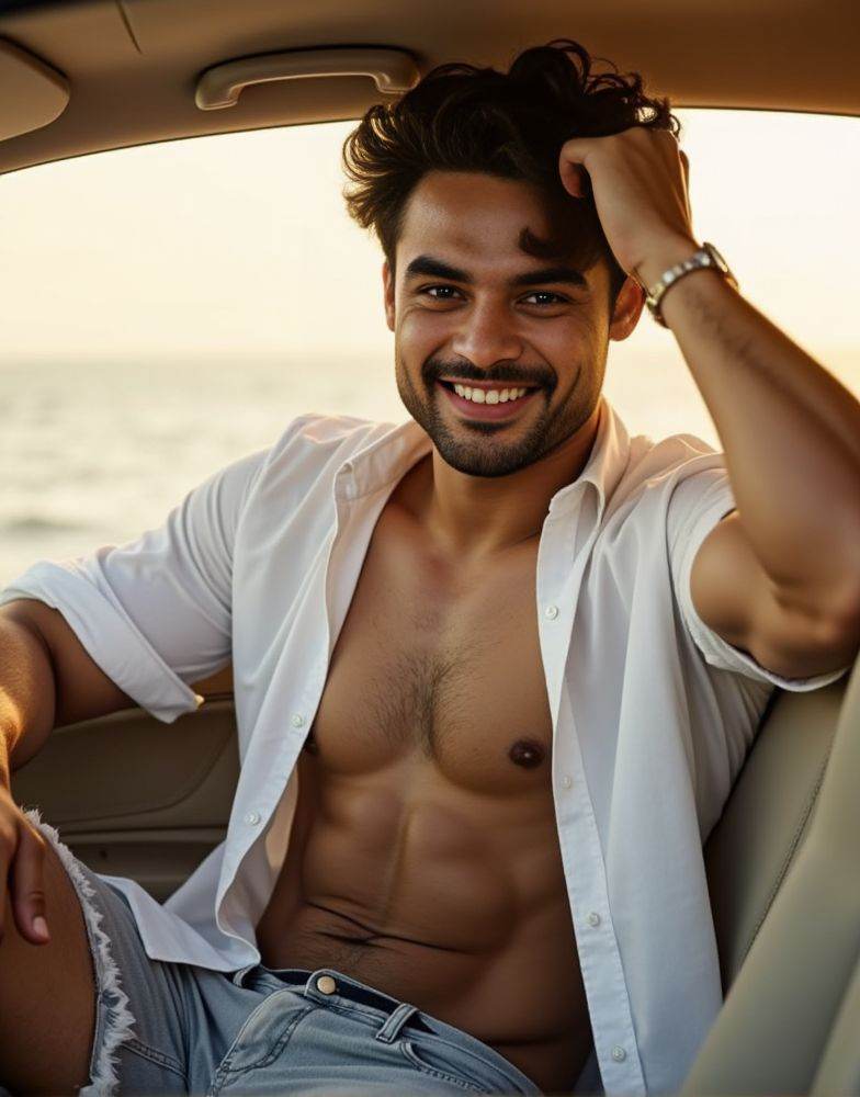 tovino thomas ,  male focus. shirtless smiling. editorial. empathetic eyes. sitting in the passenger seat of a car. natura...