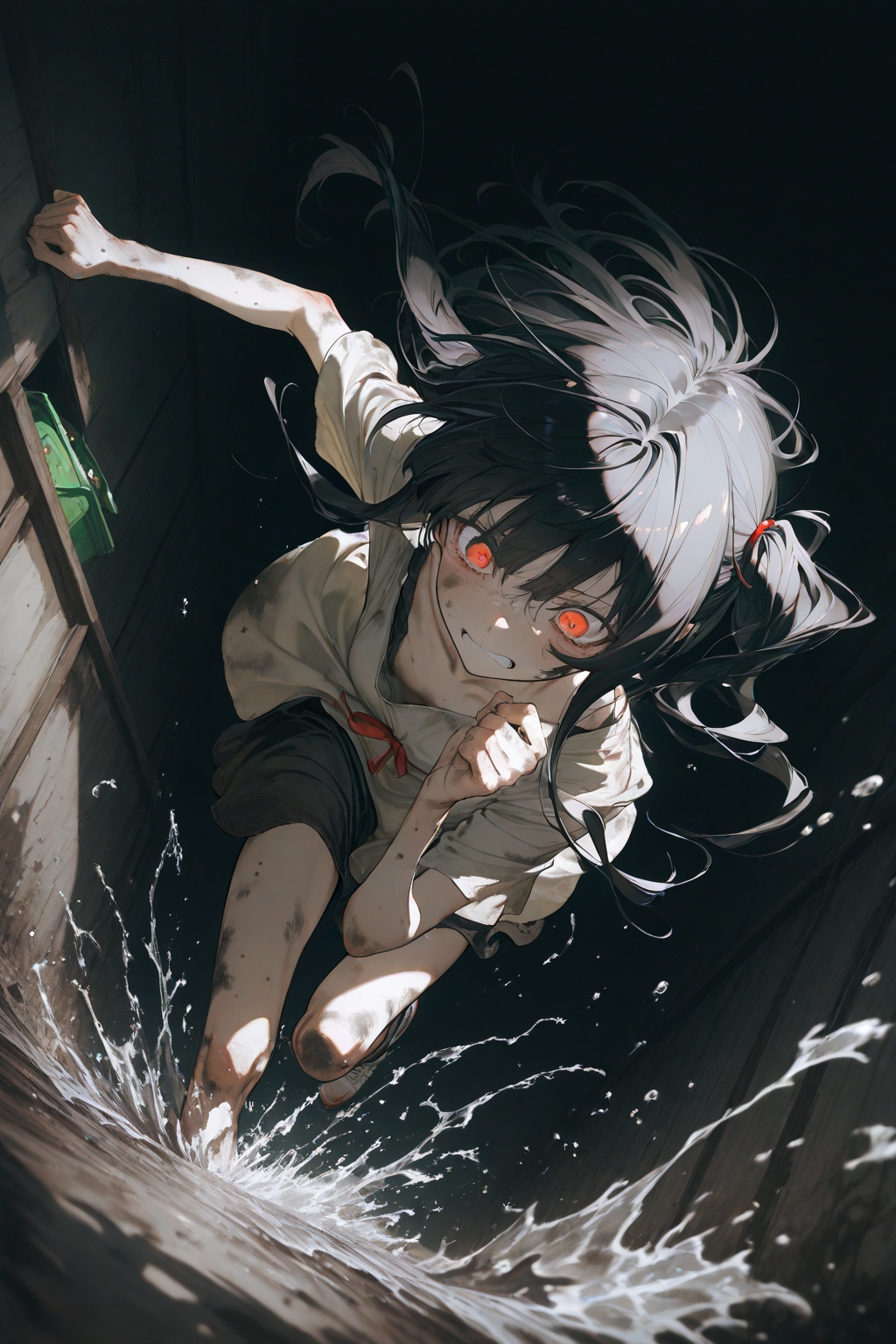 masterpiece,best quality,amazing quality,very aesthetic,absurdres,newest,impactful picture,offcial art,movie perspective,(yoneyama mai:0.5),(WANKE:0.5),(noyu (noyu23386566):0.5),cute painting style,dark,Chaotic scene,littered with garbage,dirty,running and splashing,