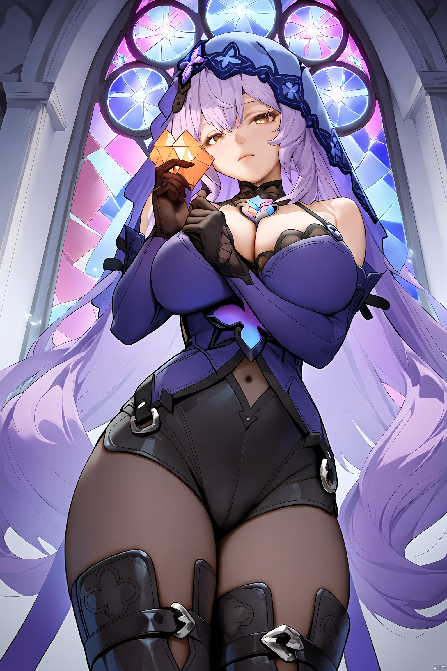 score_9, score_8_up, score_7_up, score_6_up, score_5_up, score_4_up, best quality,masterpiece,4k,very aesthetic,uncensored,rating_explicit,rating_questionable, \\\\\\\\\\\\\\\1girl,solo,in church, filled with stained glass windows, showcases depth of field and natural lighting, exuding a sense of grandeur. Standing within its hallowed halls, a woman faces the audience, her arms wide open in an embrace. The composition is symmetrical, with the woman positioned squarely at the center.,\\\\\\\\\\\\\\hte, 1girl, gloves, long hair, boots, purple hair, black gloves, veil, cleavage, pantyhose large breasts, shorts, yellow eyes<lora:EMS-313347-EMS:0.800000>, <lora:EMS-290656-EMS:0.500000>