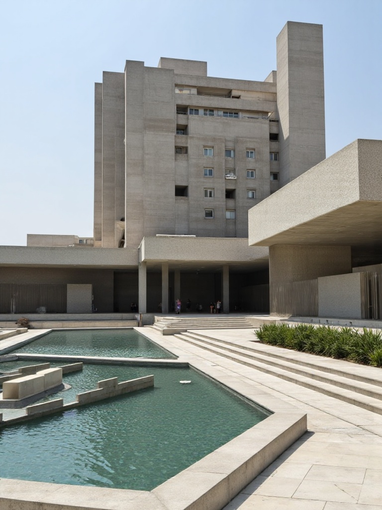 A Brutalist embassy building with defensive concrete elements,  minimal fenestration,  and a complex layered approach to s...