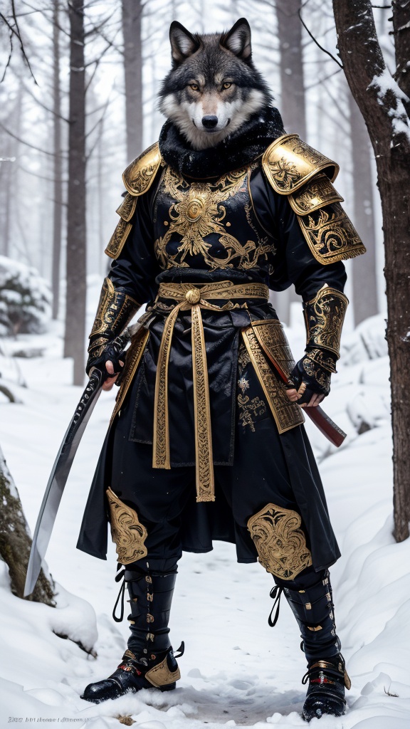 A samurai wolf with glowing bloodshot eyes,  wearing shiny satin black and silver metal armor,  intricate ornate weaved go...