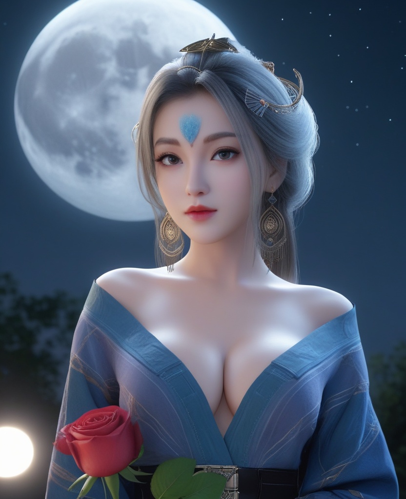 <lora:571-DA-XL-眷思量-奉眠:0.8>(,1girl, ,best quality, ),looking at viewer,masterpiece, (( , )),, realistic,science fiction,mole, ultra realistic 8k cg, full moon,  rose,(cleavage), (),