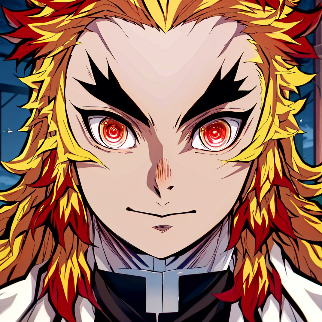 masterpiece,best quality,high quality,highres,yanzhu,<lora:yanzhu:1>,1boy,solo,rengoku kyoujurou,male focus,blonde hair,forked eyebrows,red hair,looking at viewer,portrait,long hair,two-tone hair,red eyes,cape,thick eyebrows,