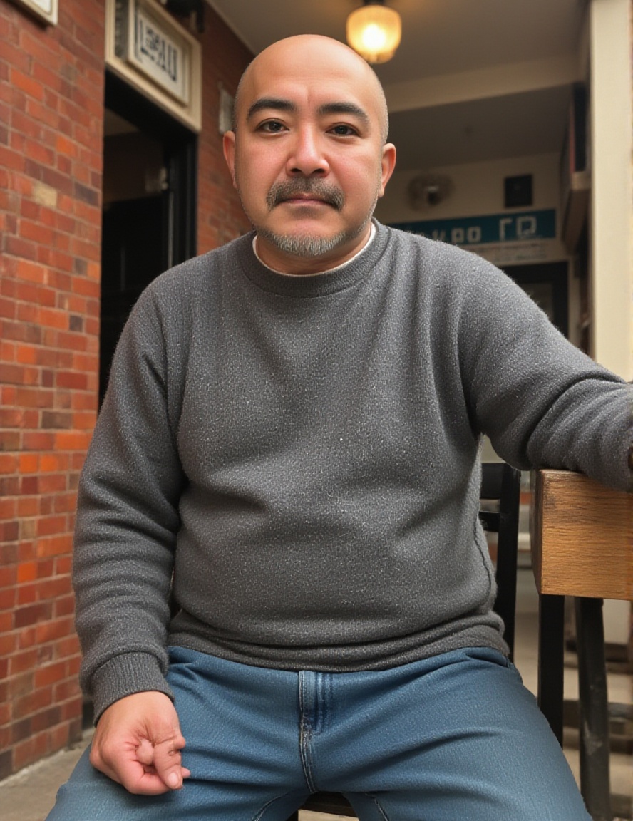 XPJPyoruno, solo, long sleeves, 1boy, male focus, outdoors, pants, sweater, facial hair, denim, building, beard, jeans, realistic, mustache, bald, old, old man, fat man<lora:SDXL.东亚矮矬男XPJPyoruno:1>