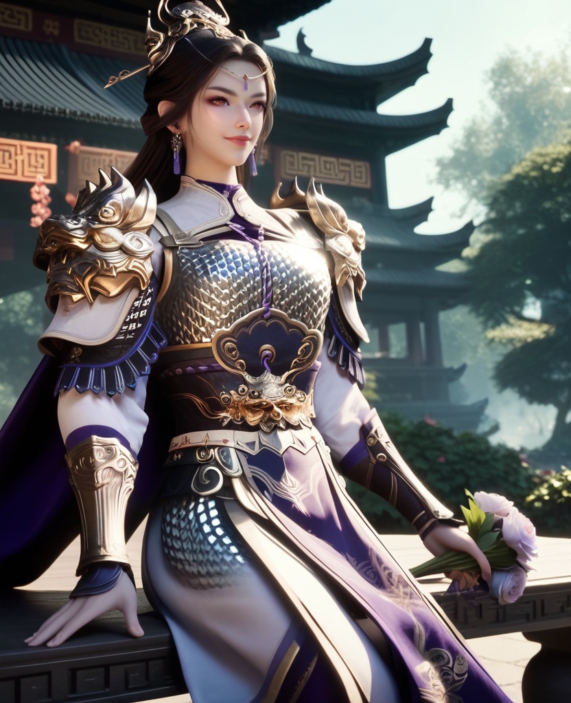 (oriental architecture, elegant decor, sophisticated style:1.1),(Sitting on a park bench, holding a bouquet of flowers, with a smile of joy and gratitude,:1.1),(breasts:1.2),<lora:XL16牧神记虞渊初雨:0.95>,female general,white armor,orange eyes,forehead pendan,black hair,very long hair,half-up braid with long cascading hair,earrings,pauldrons,vambraces,sash,faulds,purple cape,jambeau,, score_9,score_8_up,score_7_up,score_6_up,score_5_up,score_4_up,3d rendering,tag1,tag2, Cinematic Lighting,backlighting,
