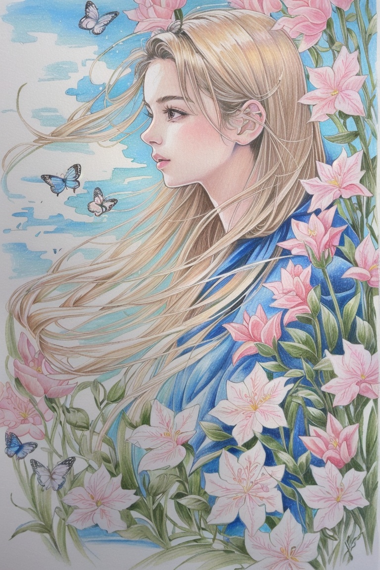 ((HRD, HUD, 8K)),((masterpiece, best quality)), highly detailed, soft light,ColoredLead, 1girl, flower, bug, butterfly, solo, long hair, traditional media, blonde hair, water, parted lips, profile, painting (medium), pink flower, lips,  <lora:画风-彩铅-ColoredLead_v1.0:0.8>