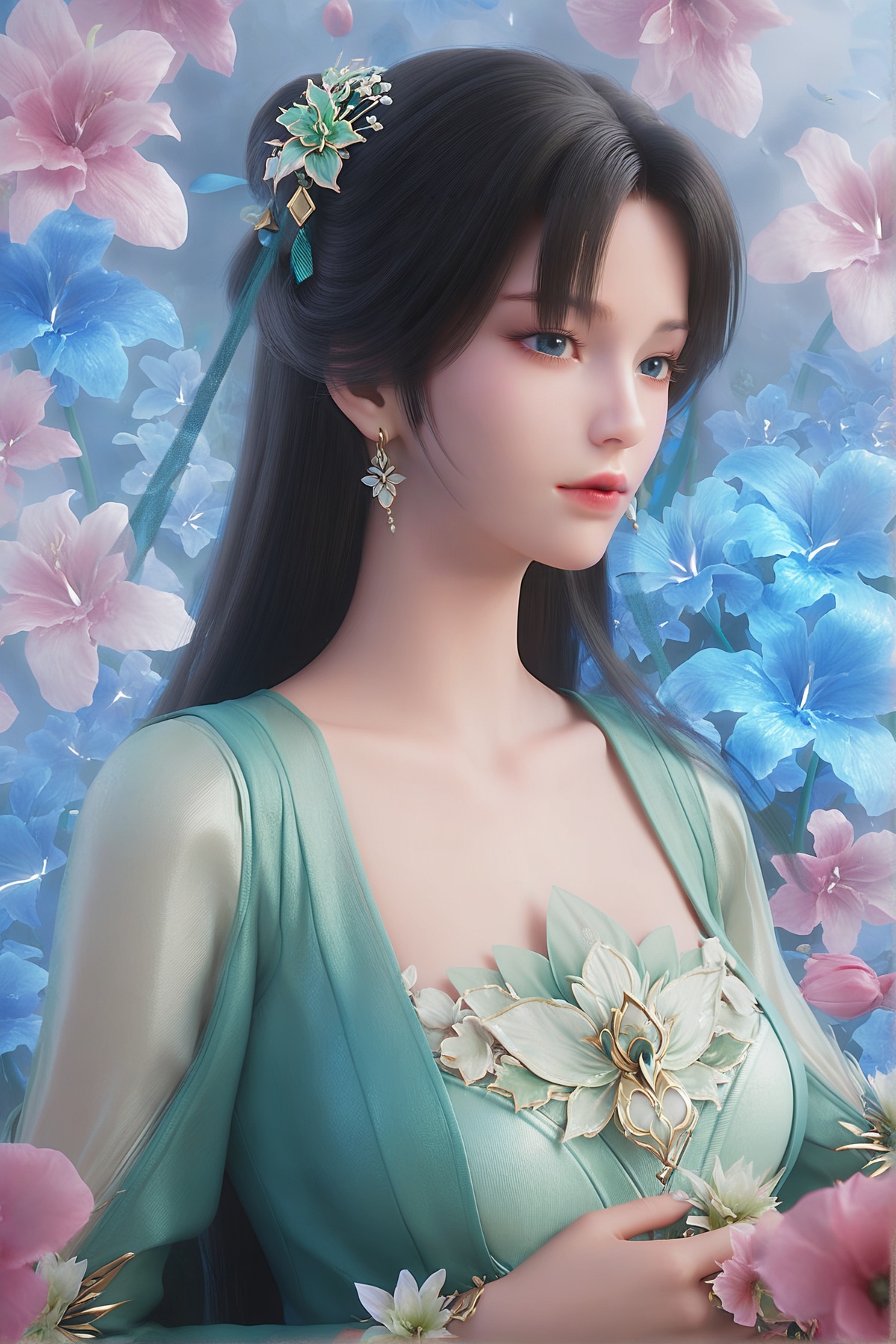 score_9,score_8_up,score_7_up,<lora:wy_biyao_x_XL7.0:0.8>,1girl,long hair,breast,medium breasts,earrings,hair_ornament,dress,flower,many flowers,very many flowers,wetting,dark,black hair,blue eyes,upper_body,