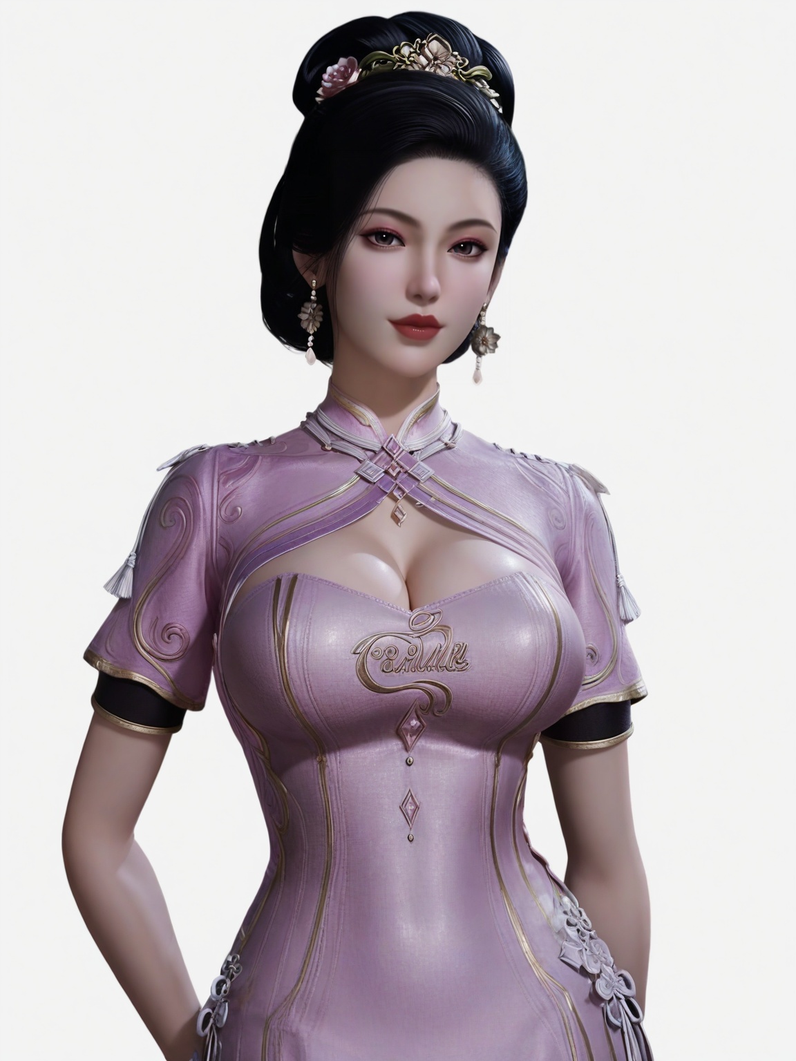 score_9,<lora:SF_NanShuiShui_Pony_Realism2.3-000003:0.7>,hair ornament,black hair,dress,eyeshadow,1girl,breasts,large breasts,dress,short sleeves,lipstick,solo,looking at viewer,white background,simple background,