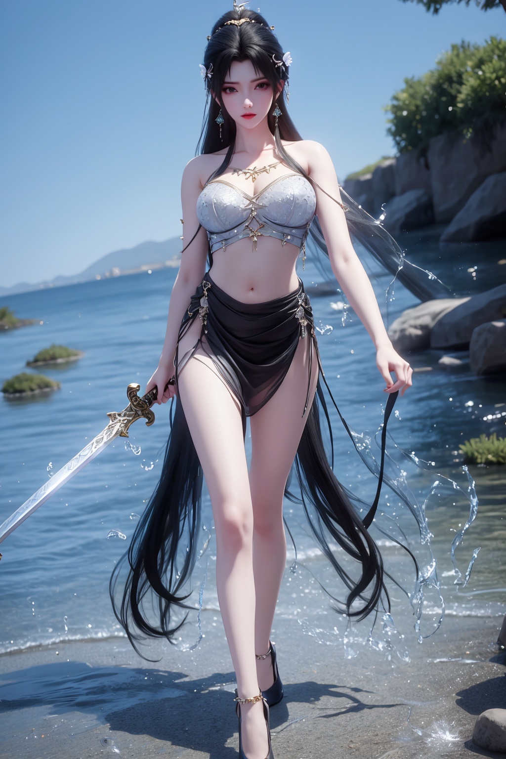 <lora:01清漪第一版:1>,1girl,weapon,sword,high heels,solo,hair ornament,see-through,black hair,jewelry,water,dress,earrings,long hair,full body,ponytail,navel,