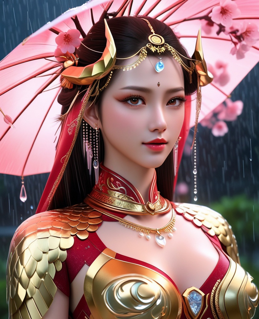 <lora:660-DA-XL-武改乾坤-慕芊芊:0.8>(,1girl, ,best quality, ),looking at viewer,  ,,ultra detailed 8k cg, ultra detailed background ,ultra realistic 8k cg,          cinematic lighting, cinematic bloom, (( , )),,  , unreal, science fiction,  luxury, jewelry, diamond, pearl, gem, sapphire, ruby, emerald, intricate detail, delicate pattern, charming, alluring, seductive, erotic, enchanting, hair ornament, necklace, earrings, bracelet, armlet,halo,masterpiece, (( , )),, realistic,science fiction,mole,   ,cherry blossoms,,(((Best quality, masterpiece, ultra high res, (photorealistic:1.4), raw photo, 1girl, ,rain, , sunlight, sunset, qianqiu wanxia,     )))  (cleavage), (),