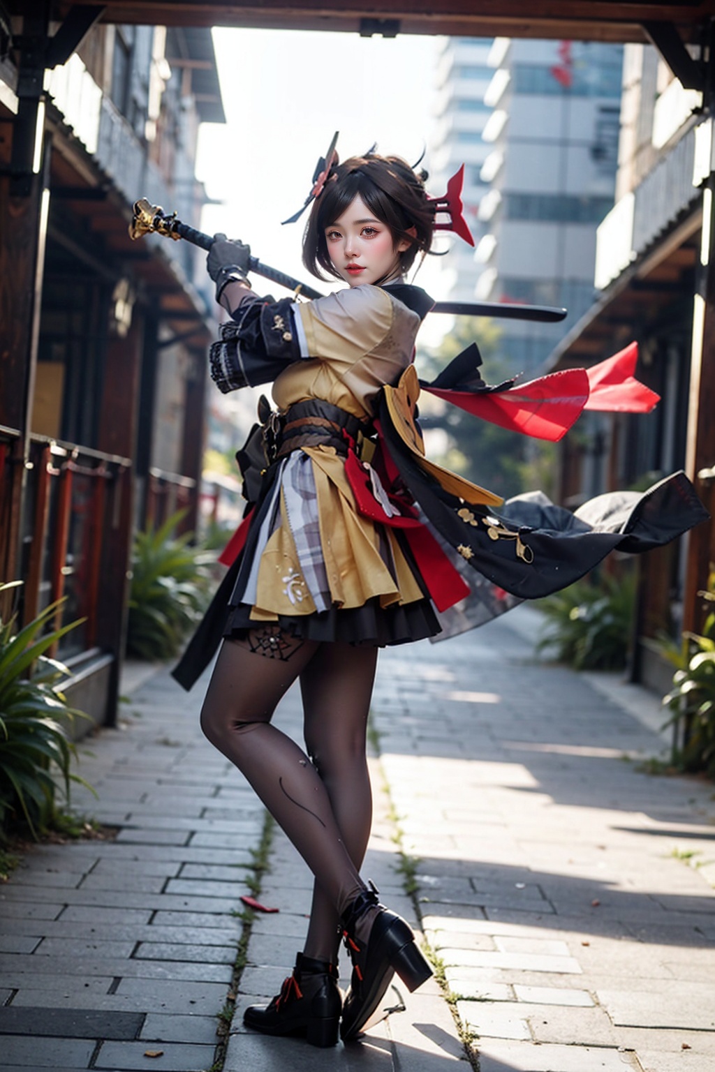 masterpiece,best quality,realistic,film grain,1girl, chiori \(genshin impact\), solo, looking at viewer, gloves, weapon, holding, kimono, pantyhose, sash, multicolored hair, katana, standing, hair flower, holding weapon, full body, black gloves, black footwear, black pantyhose, brown hair