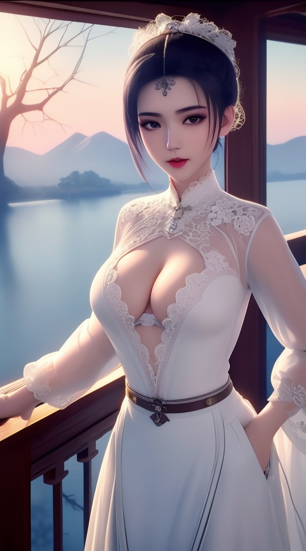(,1girl, ,best quality, ),looking at viewer, <lora:444-DA-真阳武神-禅银纱-男装:0.8> ,, ultra detailed background,ultra detailed background,ultra realistic 8k cg,,masterpiece, (( , )), fiction,mole,  ,     ,see-through, lace, (cleavage),(((, solo, sun, , bare_tree, ))) 