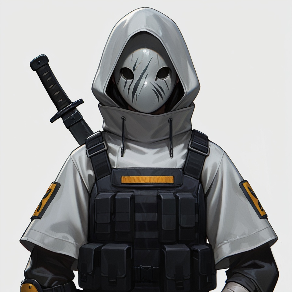 masterpiece, best quality,solo,(white background:1.2),simple background,1girl,looking at viewer,     Reunion Movement uniform,logo,arm wrap,short sleeves,armor,black pants,white hooded jacket,gloves,weapon,boots,hood up,mask,knife,knee pads,tactical clothes,bulletproof vest<lora:【粥】整活运动-杂兵制服-ill10:0.8>
