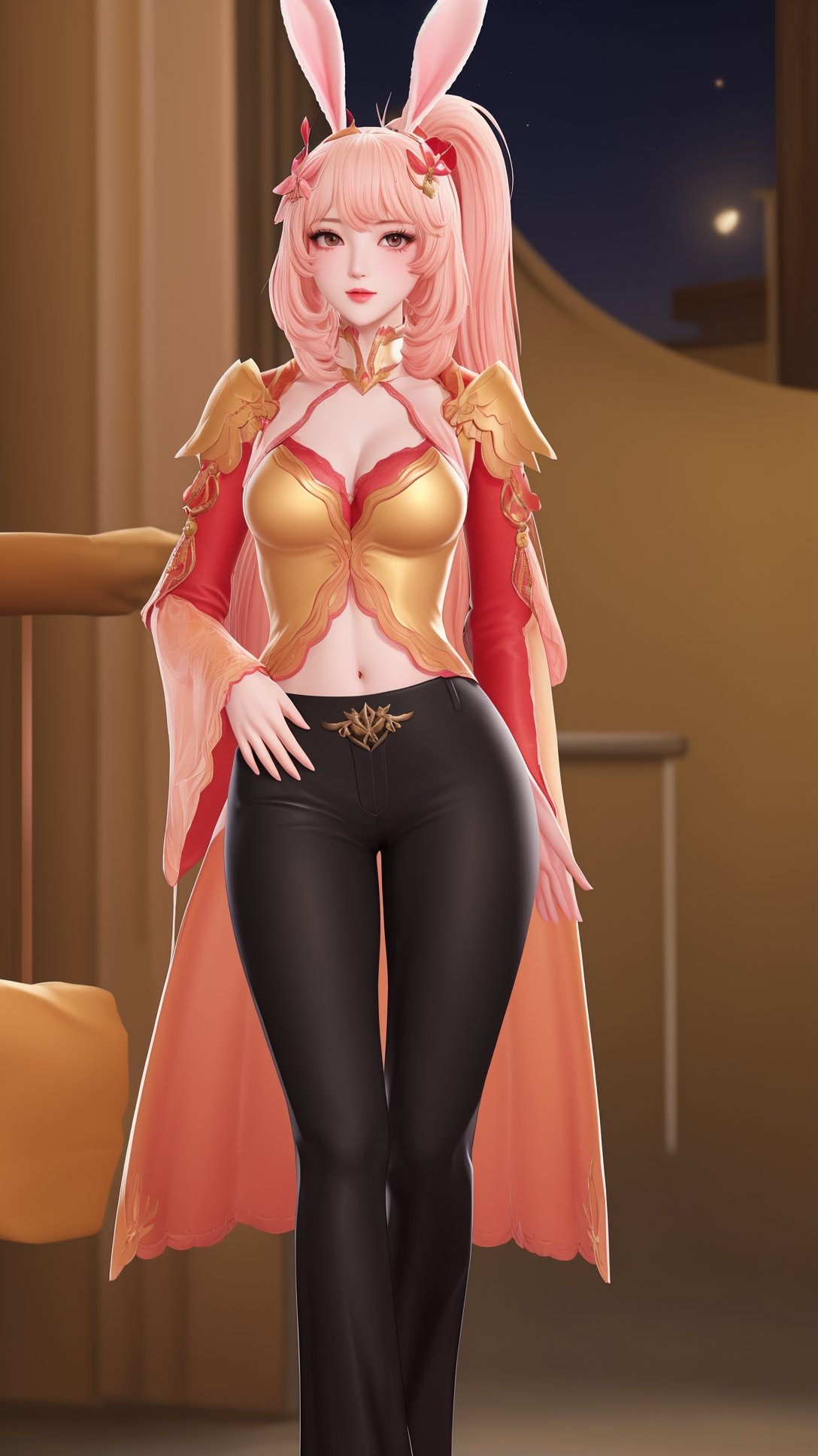 (1girl),smooth chin,masterpiece,detailed face,((hair ornament focus)),top quality,4k,make up,best quality,medium breasts,(looking at viewer),eyes focus,upper body,rabbit ears,pink hair,ponytail,((black pants)),blush,body blush,mature female,navel,light red and light golden mixed sleeves,night sky,arms behind back,long legs,red skirt,hole on pants,walking,<lora:王者公孙离原皮_v1.0-000008:0.8>,