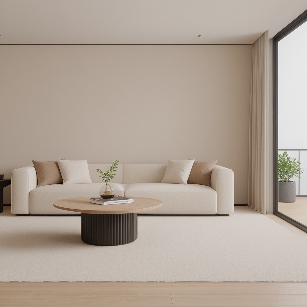 (masterpiece:1.2),best quality,highres,extremely detailed CG,perfect lighting,8k wallpaper,photograph,photorealistic,modern living room,minimalist design,neutral color palette,beige sectional sofa,decorative cushions,textured rug,coffee tables,ambient lighting,floor lamp,indoor plants,clear glass vase,magazines,wooden flooring,contemporary style,wall art space,natural light,large window,monochromatic,clean lines,spacious,stylish interior,