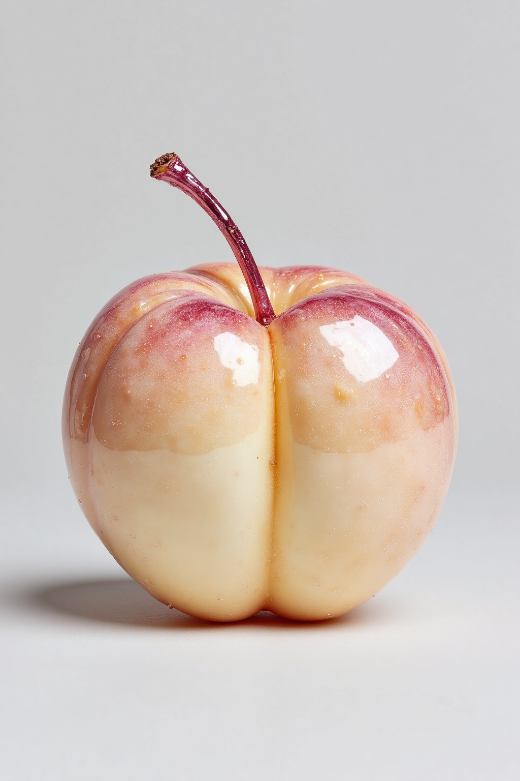 beijihui,Captured from a low-angle perspective on a stark white backdrop,a radiant golden-yellow peach is dotted with fresh water droplets,adding luminous highlights to the piece. The soft,glistening surface of the fruit captures ambient light in delicate reflections,contrasting vividly with its sunlit hue. Its fuzzy stem,subtly tinted with a warm ochre tone,complements the color harmony of the image.,