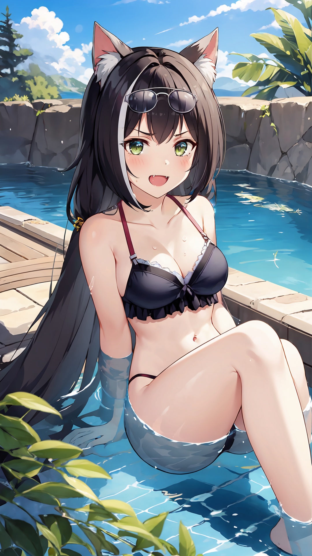 a girl,<lora:jmai_20240612194515-0000010:0.8>,(knee and above appearing on camera:1.2),(fangs:1.2),fake animal ears,8K,best quality,(extreme detail description:1.4),outdoors,swimming pool,(lingerie:1.2),