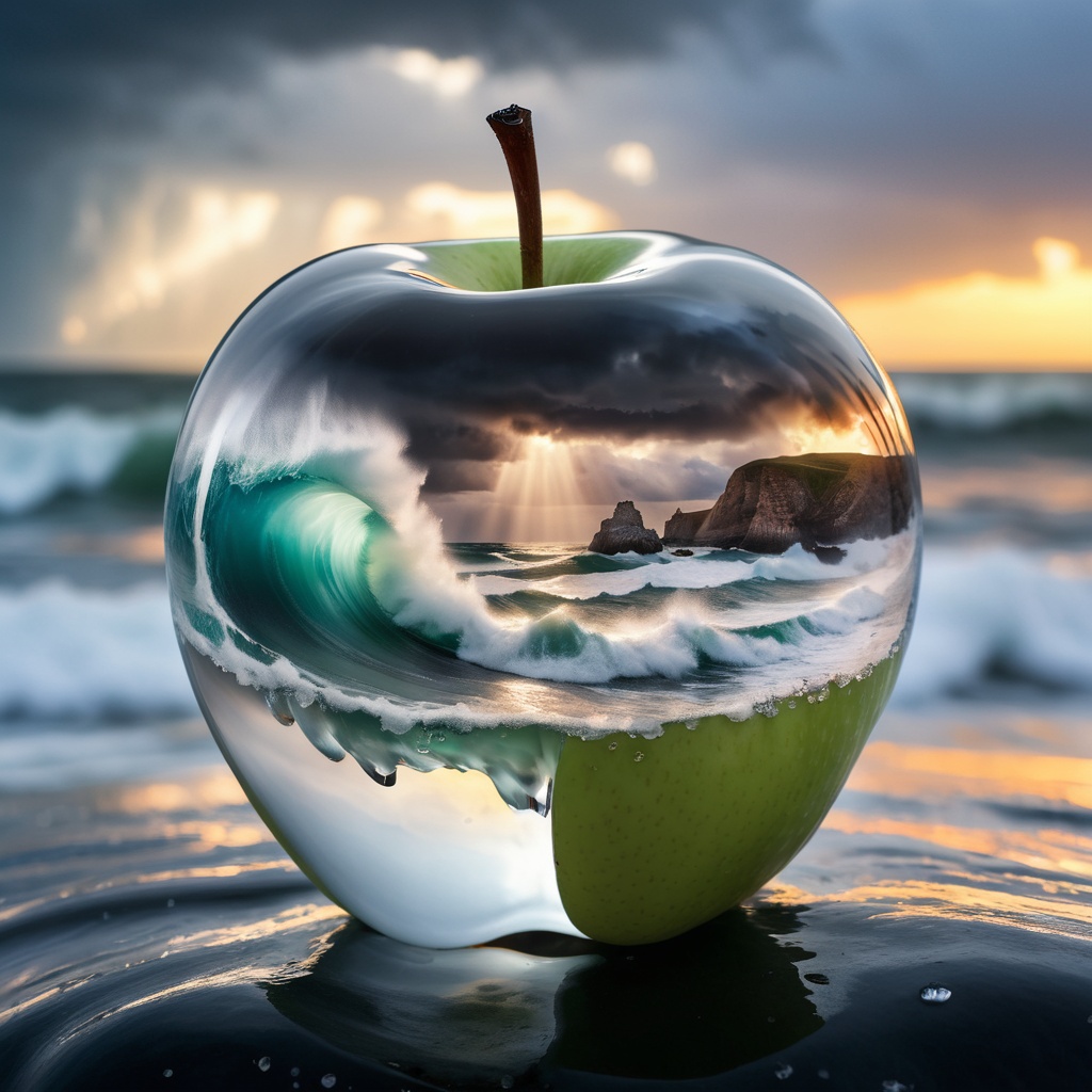 Imagine a photograph capturing an extraordinary and surreal subject: a transparent apple,  crystal clear and perfectly for...