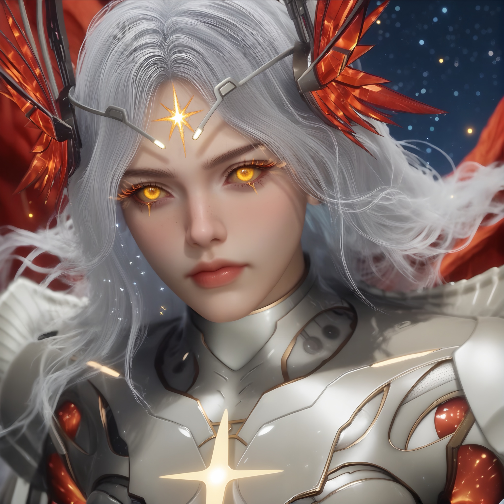 (score_9),portrait,(close-up),solo focus,(eye focus),<lora:星幻王-apony:0.83>,mechanical angel,xinghuanwang,1girl,solo,joints,ringed eyes,long eyelashes,freckles,hair ornament,long hair,white hair,glowing markings,glowing eyes,yellow eyes,Metallic horn-like ornament,blending feathers and mechanical parts,power armor,shoulder armor,wings,feathered wings,red wings,large_wings,mature_female,BREAK<lora:Expressive_H-000001:0.78>,light blush,Expressiveh,ringed eyes,looking at viewer,front view,fair_skin,(pale skin),(sweaty_skin),BREAKsimple background,<lora:e色温:0.25>,sparkle,blurry background,star \(symbol\),starry sky,star \(sky\),universe,hyper_galaxy,4K ultra HD,sharp focus,high detail,high contrast,