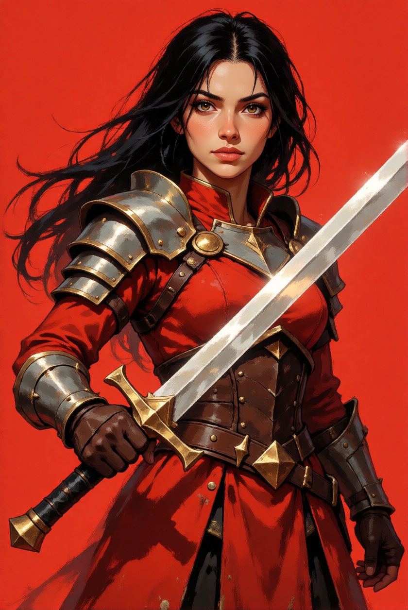 RawColorDaal,  a woman in armor holding a sword,  with a red background. She is wearing a red dress and has a determined e...