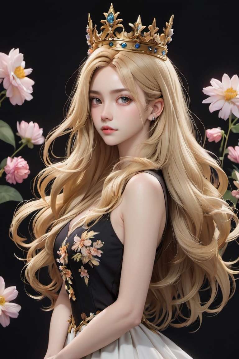 black background,long hair,solo,parted lips,crown,lips,flower,1girl,upper body,blonde hair,dress,looking at viewer,